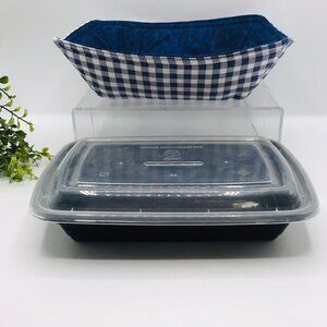 NEW! Microwave Cozy For Takeout Containers Reversible, Navy Blue Gingham